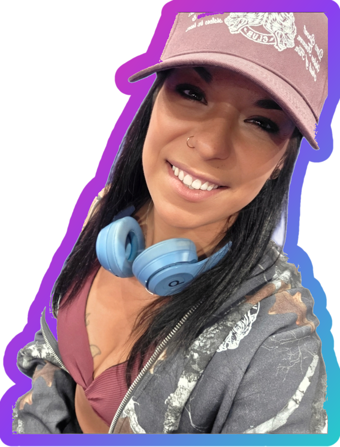 Coach Cass smiling, wearing a pink cap and light blue headphones around her neck